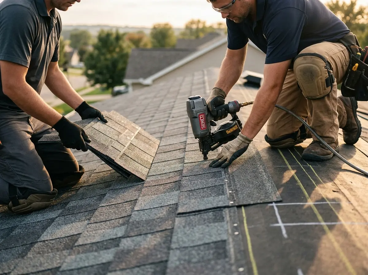Professional roofer working on a residential roof in Machesney Park